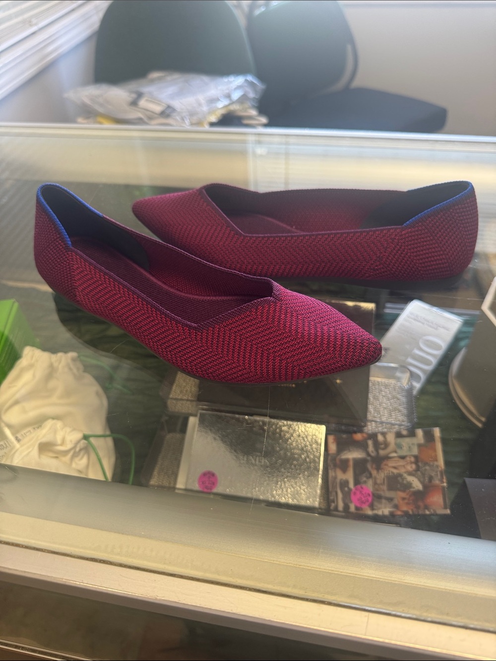 Rothy's Burgundy Knit Pointed Toe Flats with Blue Trim